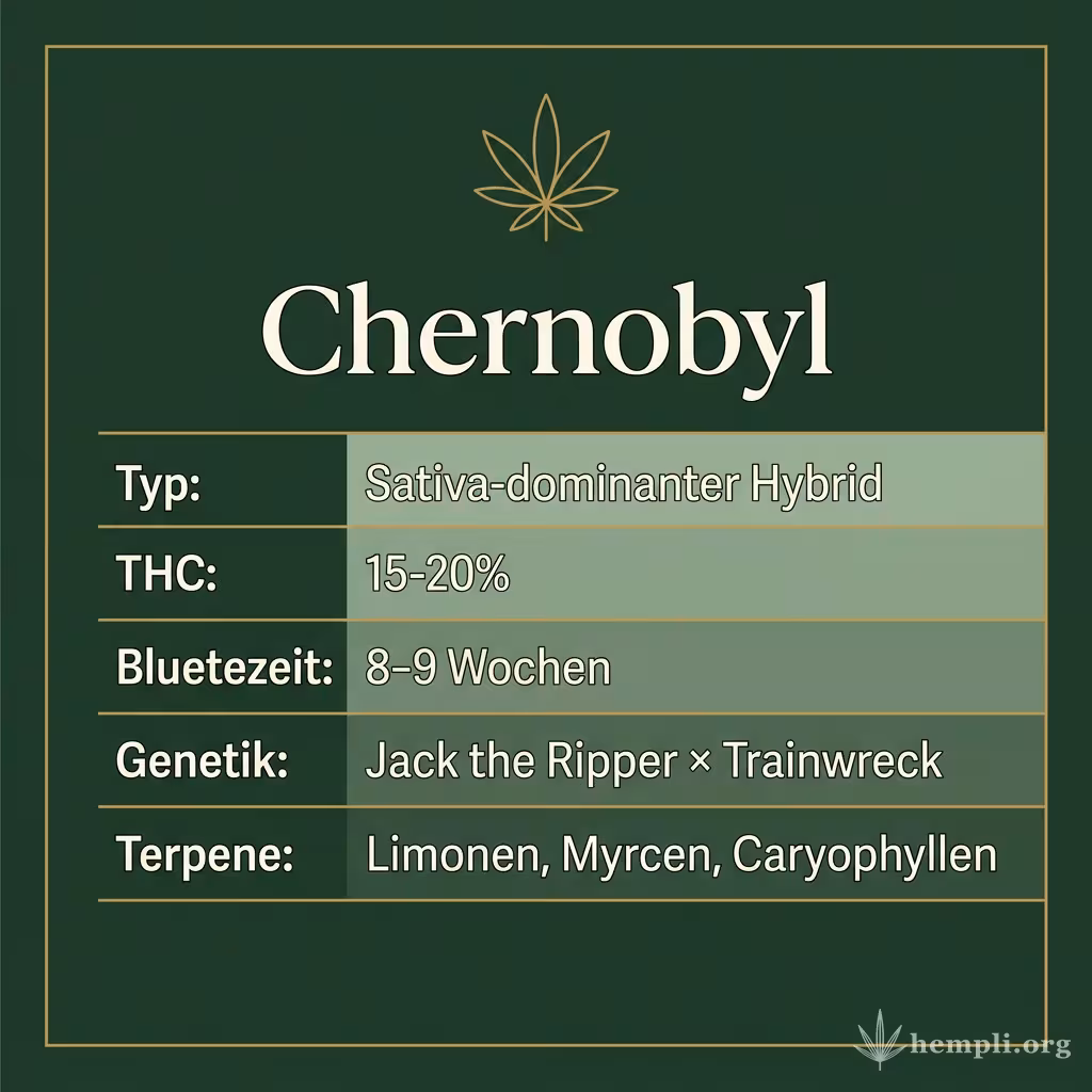 Infografik mit Chernobyl Key Facts: Typ Sativa-dominanter Hybrid, THC 15-20%, Bluetezeit 8-9 Wochen, Genetik Jack the Ripper × Trainwreck und Terpene Limonen, Myrcen, Caryophyllen