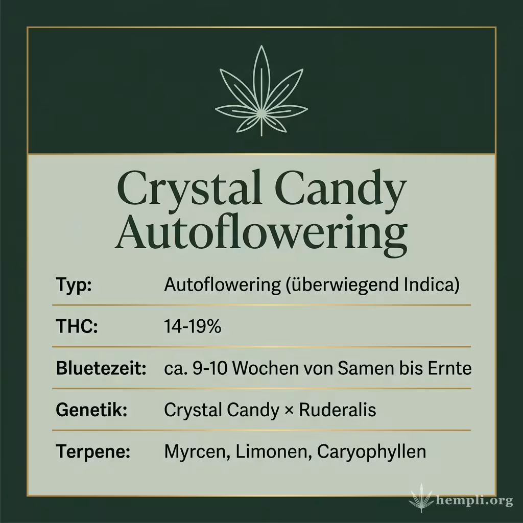 Infografik mit Crystal Candy Autoflowering Key Facts: Typ Autoflowering (überwiegend Indica), THC 14-19%, Bluetezeit ca. 9-10 Wochen von Samen bis Ernte, Genetik Crystal Candy × Ruderalis und Terpene Myrcen, Limonen, Caryophyllen