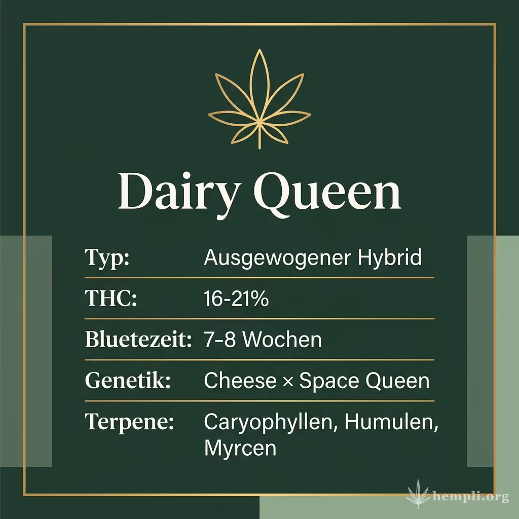 Infografik mit Dairy Queen Key Facts: Typ Ausgewogener Hybrid, THC 16-21%, Bluetezeit 7-8 Wochen, Genetik Cheese × Space Queen und Terpene Caryophyllen, Humulen, Myrcen