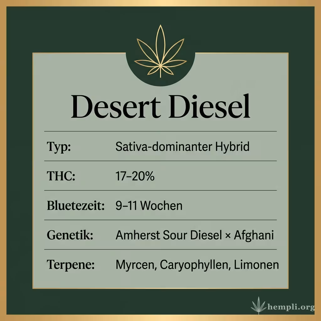 Infografik mit Desert Diesel Key Facts: Typ Sativa-dominanter Hybrid, THC 17-20%, Bluetezeit 9-11 Wochen, Genetik Amherst Sour Diesel × Afghani und Terpene Myrcen, Caryophyllen, Limonen