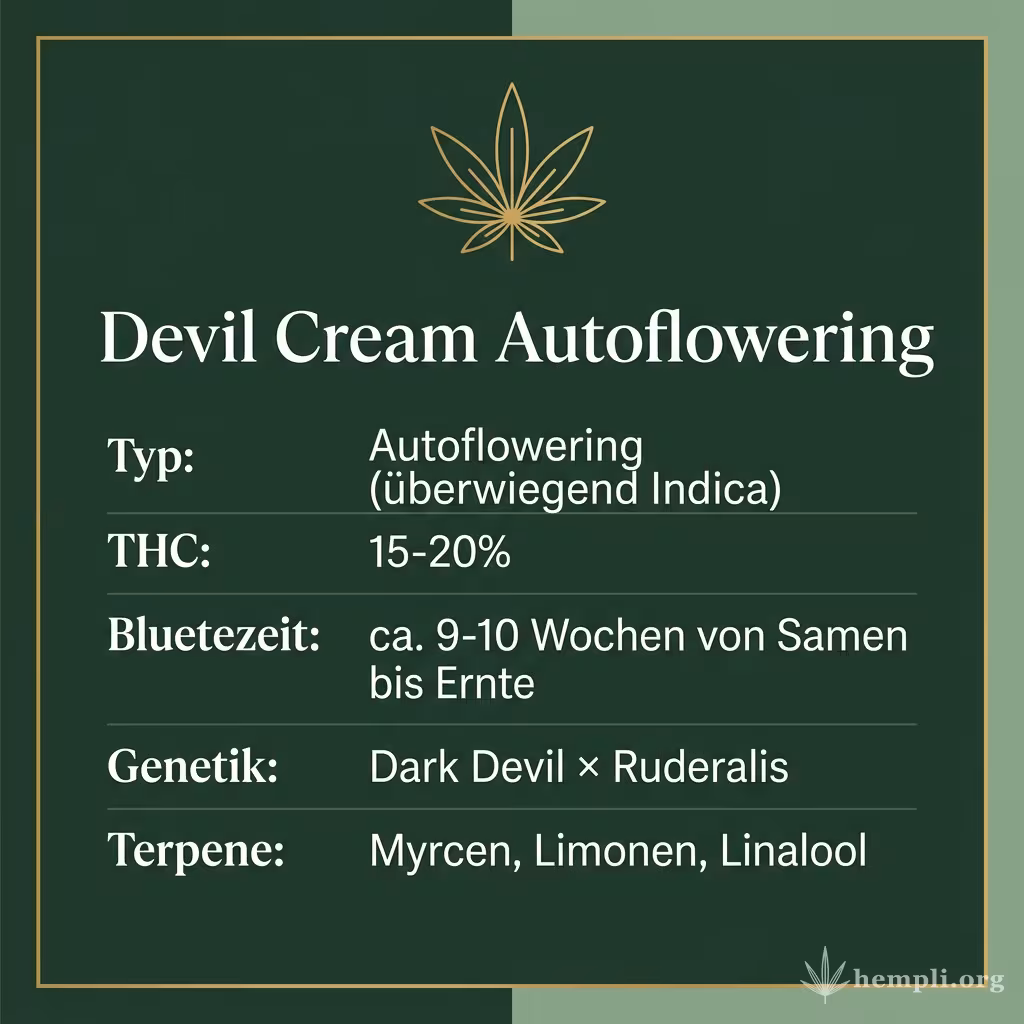 Infografik mit Devil Cream Autoflowering Key Facts: Typ Autoflowering (überwiegend Indica), THC 15-20%, Bluetezeit ca. 9-10 Wochen von Samen bis Ernte, Genetik Dark Devil × Ruderalis und Terpene Myrcen, Limonen, Linalool