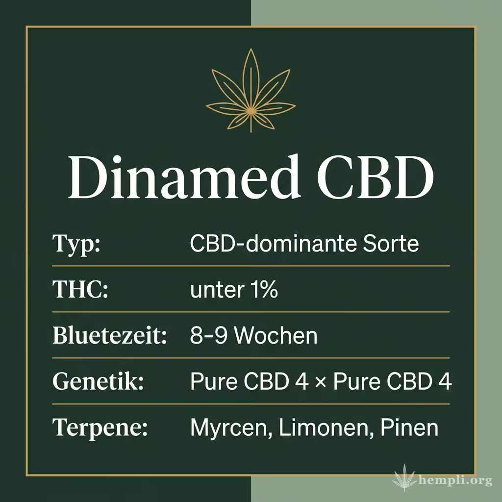 Infografik mit Dinamed CBD Key Facts: Typ CBD-dominante Sorte, THC unter 1%, Bluetezeit 8-9 Wochen, Genetik Pure CBD 4 × Pure CBD 4 und Terpene Myrcen, Limonen, Pinen