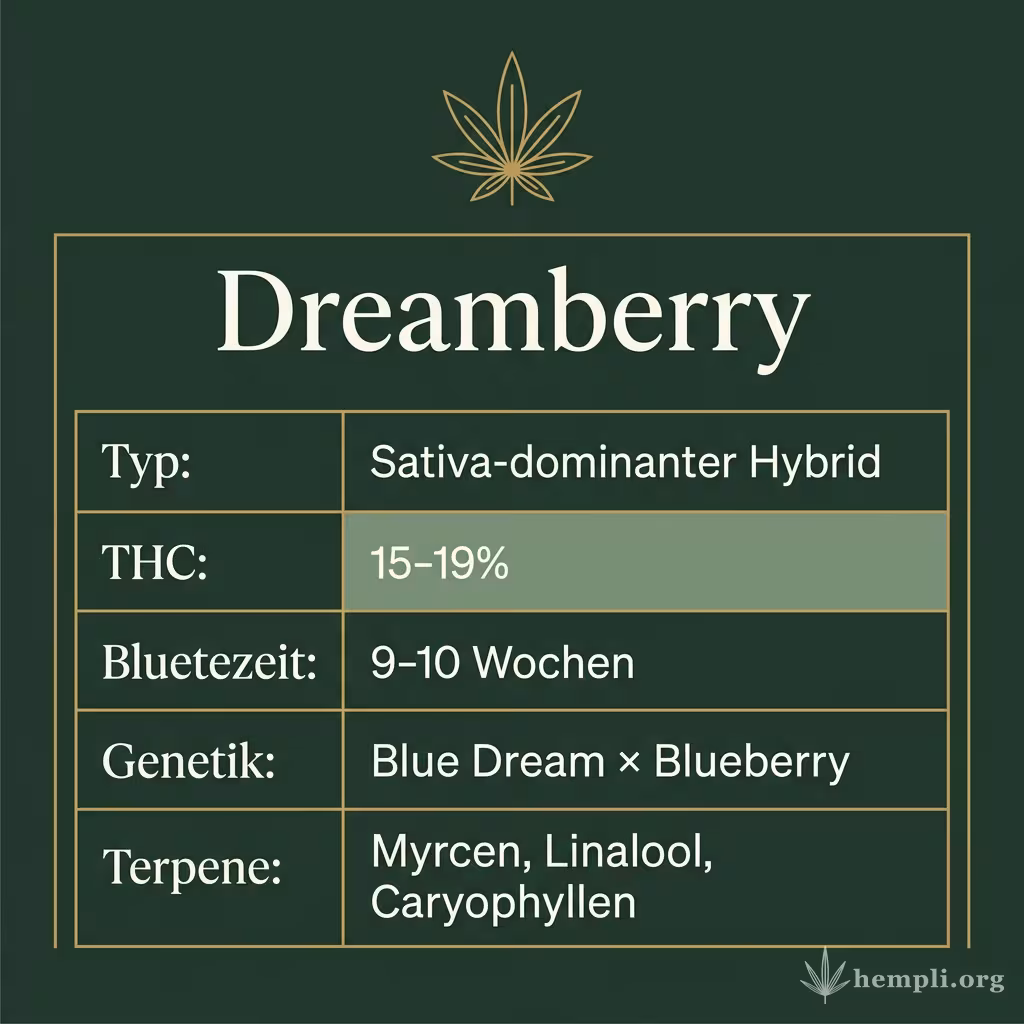 Infografik mit Dreamberry Key Facts: Typ Sativa-dominanter Hybrid, THC 15-19%, Bluetezeit 9-10 Wochen, Genetik Blue Dream × Blueberry und Terpene Myrcen, Linalool, Caryophyllen