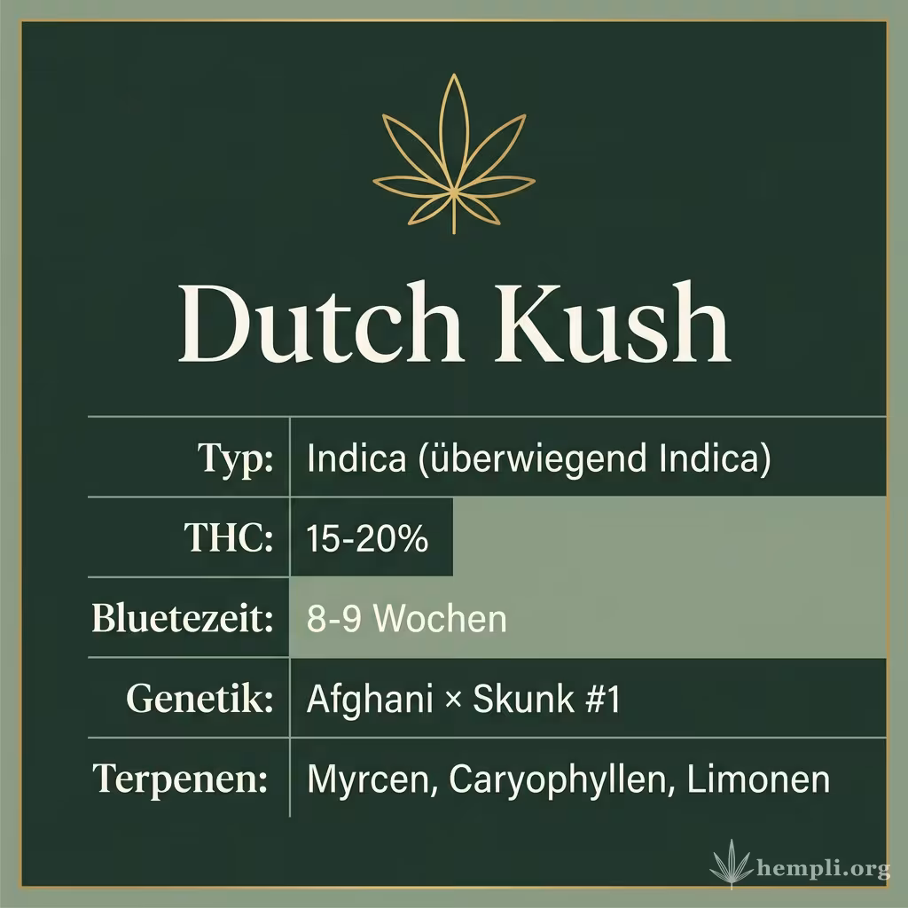 Infografik mit Dutch Kush Key Facts: Typ Indica (überwiegend Indica), THC 15-20%, Bluetezeit 8-9 Wochen, Genetik Afghani × Skunk #1 und Terpene Myrcen, Caryophyllen, Limonen