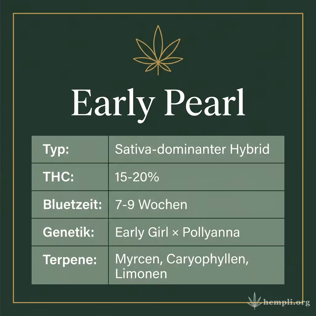 Infografik mit Early Pearl Key Facts: Typ Sativa-dominanter Hybrid, THC 15-20%, Bluetezeit 7-9 Wochen, Genetik Early Girl × Pollyanna und Terpene Myrcen, Caryophyllen, Limonen