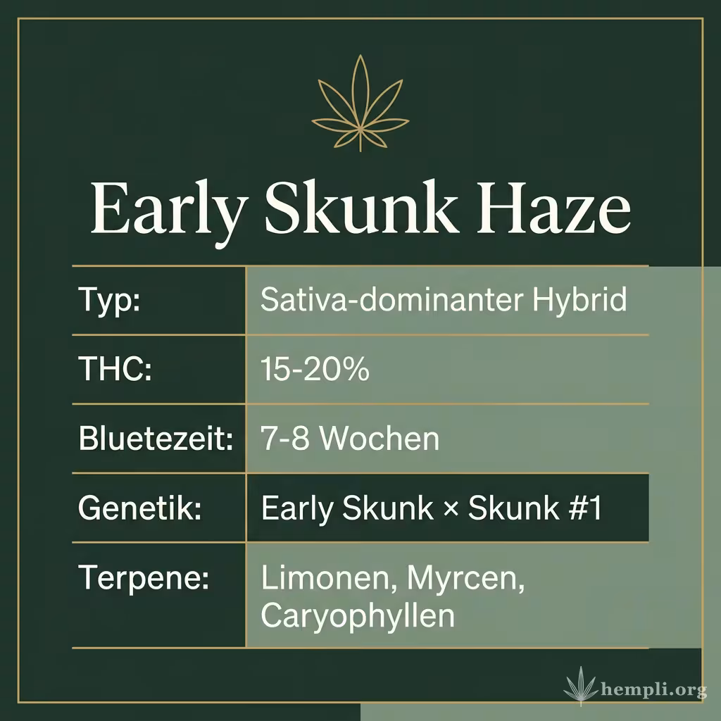 Infografik mit Early Skunk Haze Key Facts: Typ Sativa-dominanter Hybrid, THC 15-20%, Bluetezeit 7-8 Wochen, Genetik Early Skunk × Skunk #1 und Terpene Limonen, Myrcen, Caryophyllen