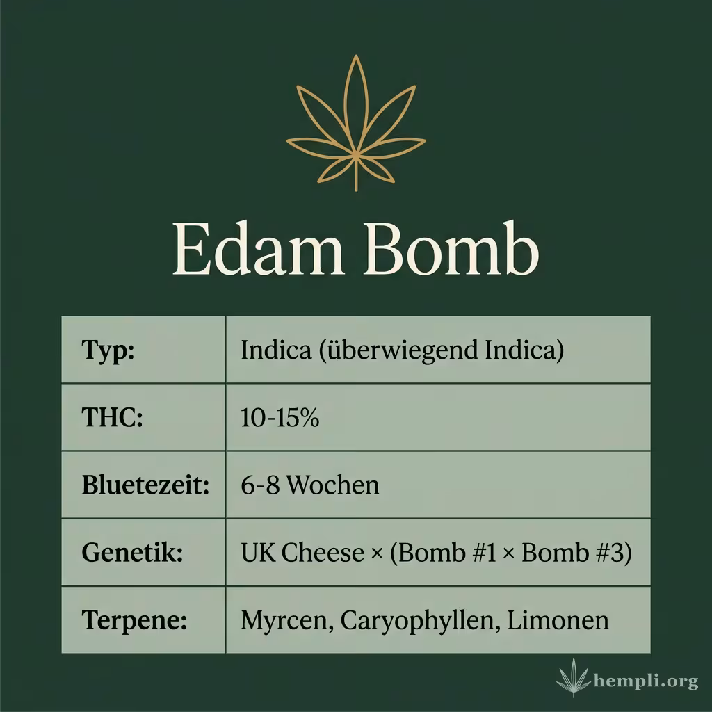 Infografik mit Edam Bomb Key Facts: Typ Indica (überwiegend Indica), THC 10-15%, Bluetezeit 6-8 Wochen, Genetik UK Cheese × (Bomb #1 × Bomb #3) und Terpene Myrcen, Caryophyllen, Limonen
