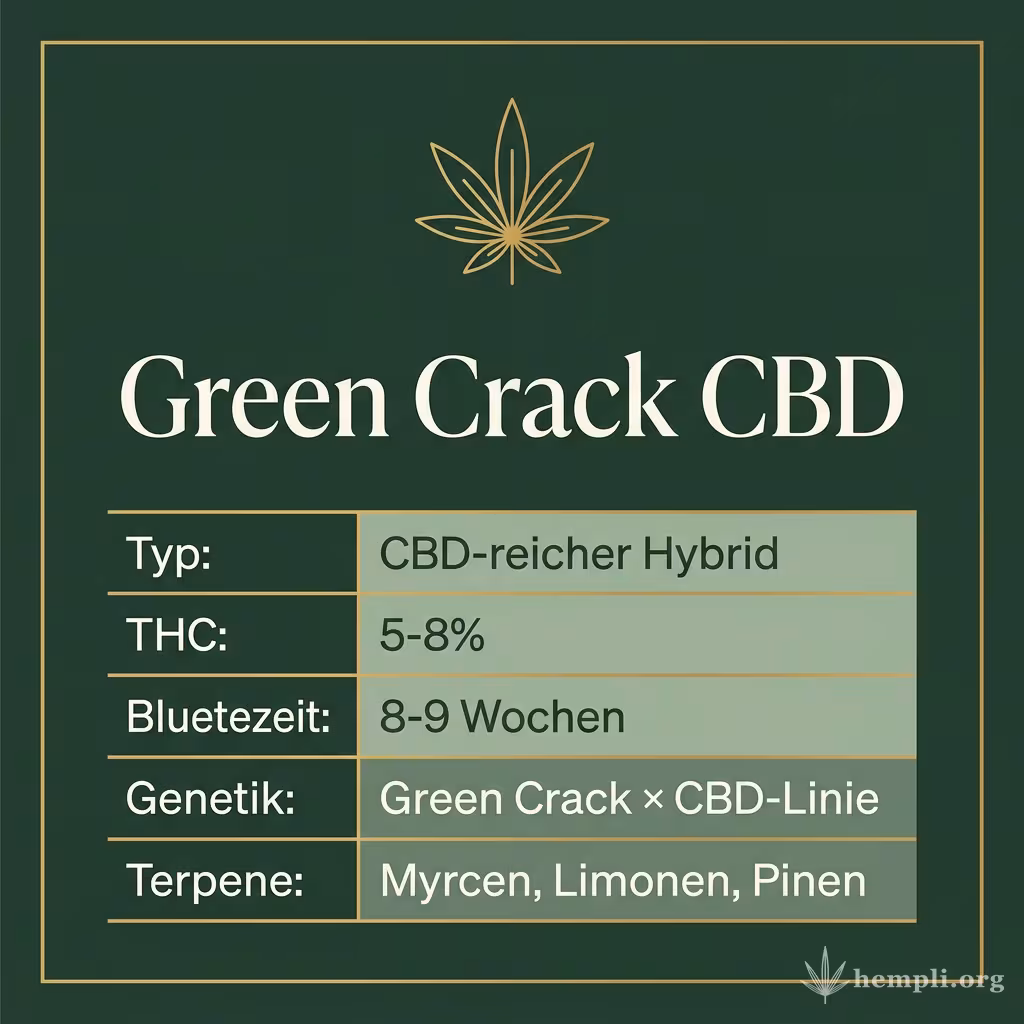 Infografik mit Green Crack CBD Key Facts: Typ CBD-reicher Hybrid, THC 5-8%, Bluetezeit 8-9 Wochen, Genetik Green Crack × CBD-Linie und Terpene Myrcen, Limonen, Pinen