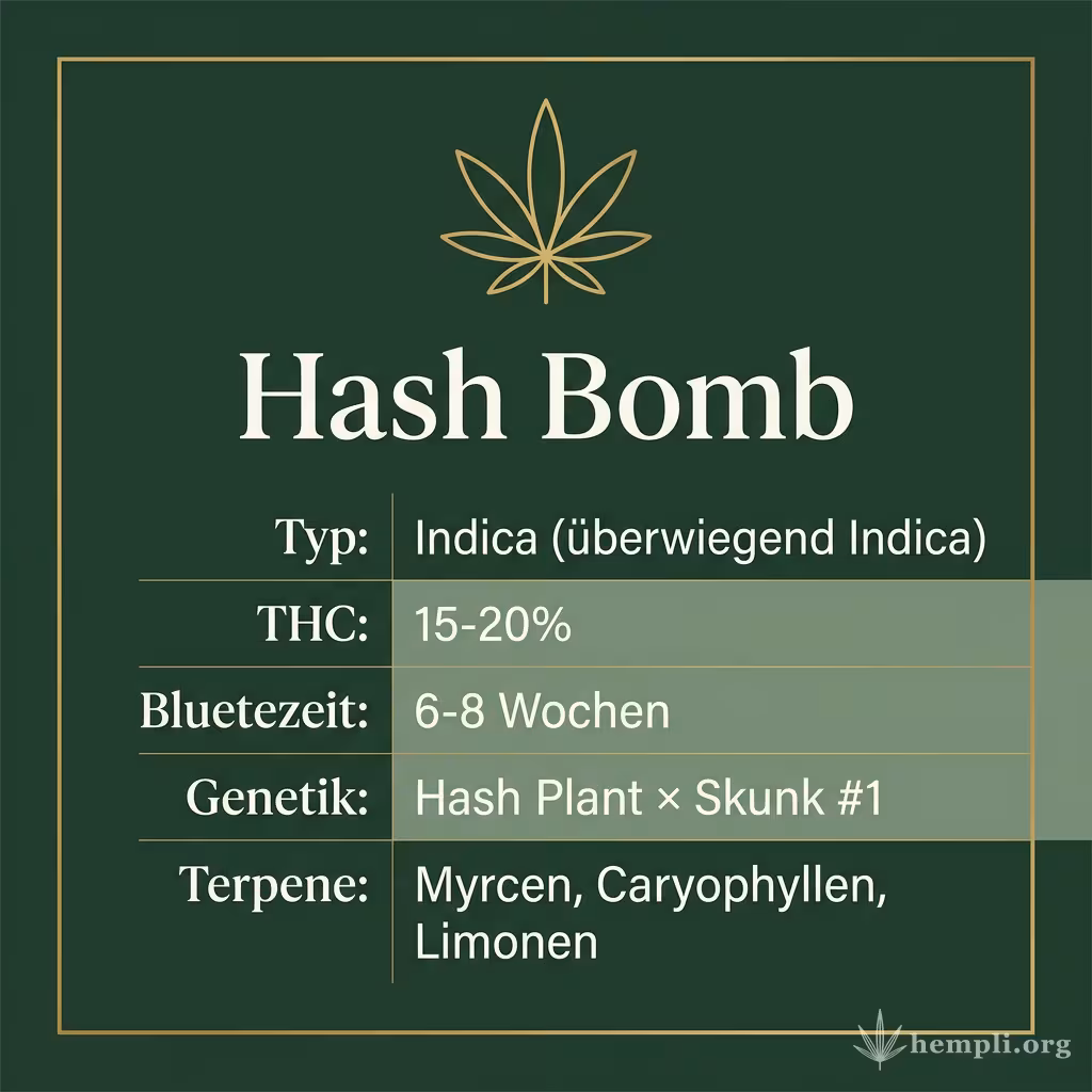 Infografik mit Hash Bomb Key Facts: Typ Indica (überwiegend Indica), THC 15-20%, Bluetezeit 6-8 Wochen, Genetik Hash Plant × Skunk #1 und Terpene Myrcen, Caryophyllen, Limonen