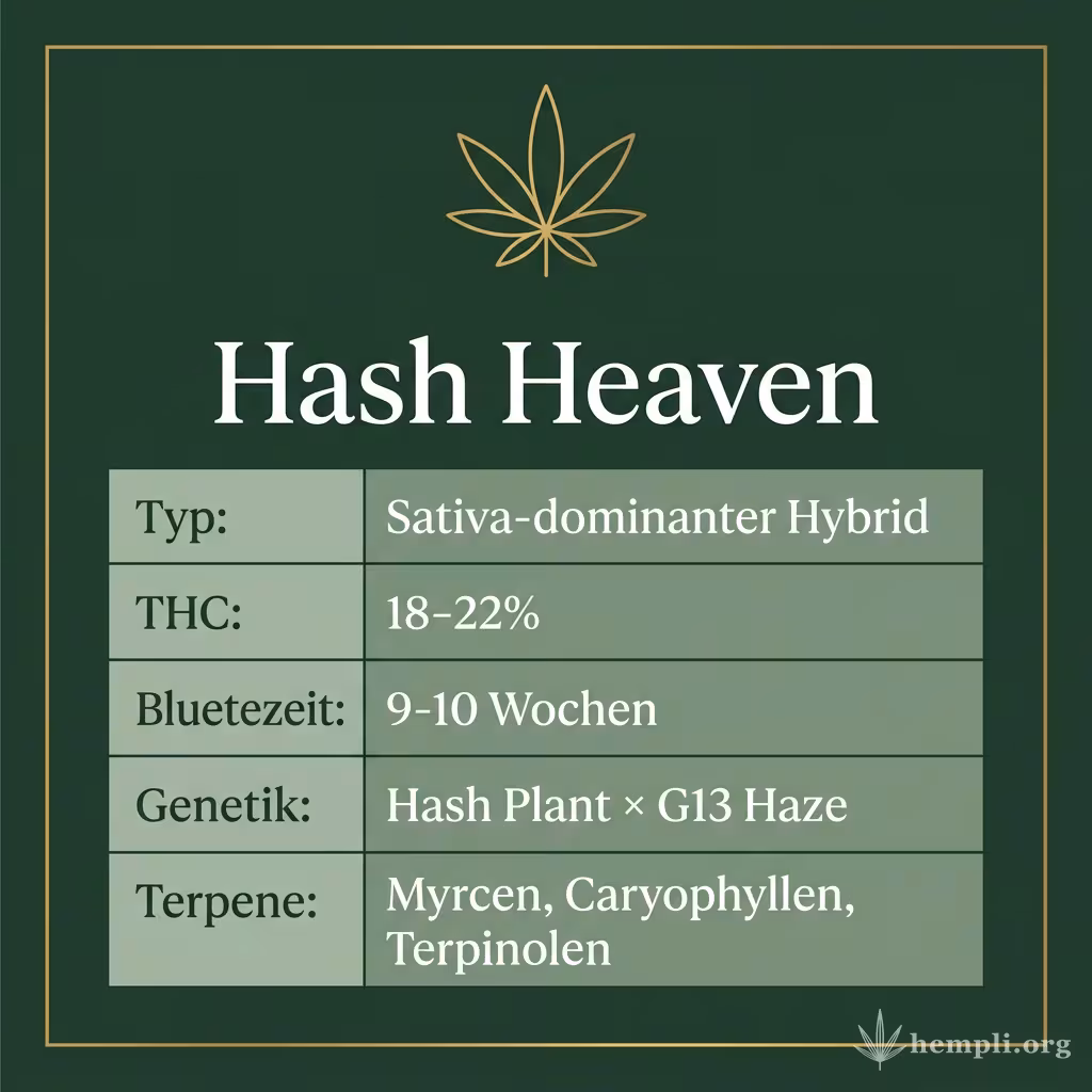 Infografik mit Hash Heaven Key Facts: Typ Sativa-dominanter Hybrid, THC 18-22%, Bluetezeit 9-10 Wochen, Genetik Hash Plant × G13 Haze und Terpene Myrcen, Caryophyllen, Terpinolen
