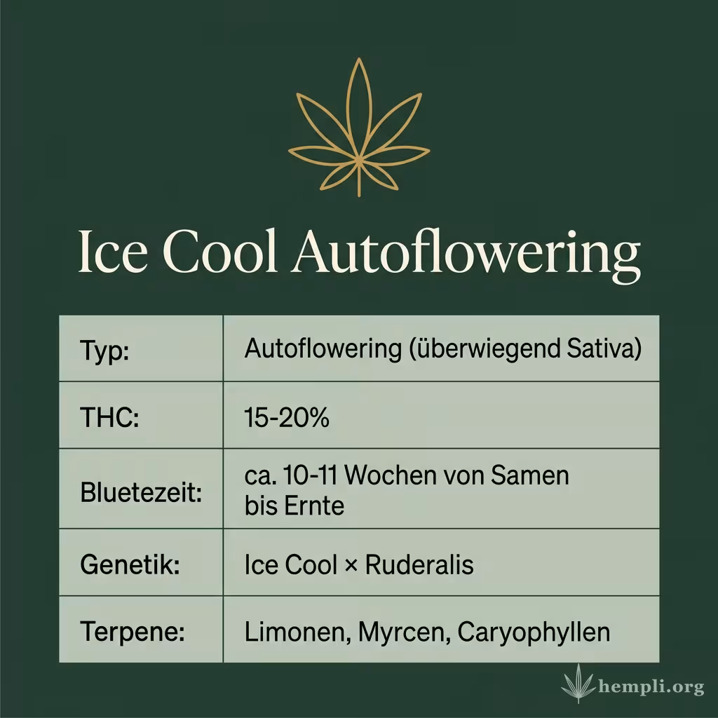 Infografik mit Ice Cool Autoflowering Key Facts: Typ Autoflowering (überwiegend Sativa), THC 15-20%, Bluetezeit ca. 10-11 Wochen von Samen bis Ernte, Genetik Ice Cool × Ruderalis und Terpene Limonen, Myrcen, Caryophyllen