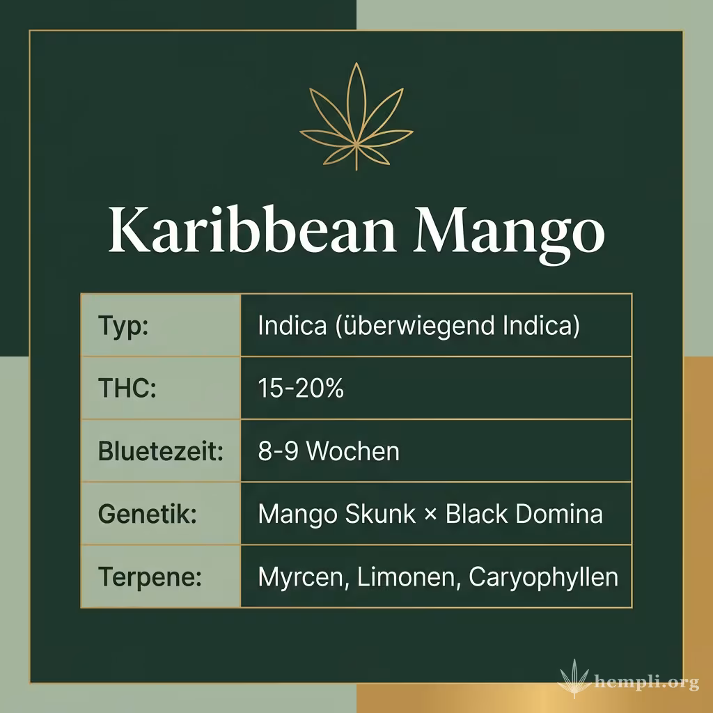 Infografik mit Karibbean Mango Key Facts: Typ Indica (überwiegend Indica), THC 15-20%, Bluetezeit 8-9 Wochen, Genetik Mango Skunk × Black Domina und Terpene Myrcen, Limonen, Caryophyllen