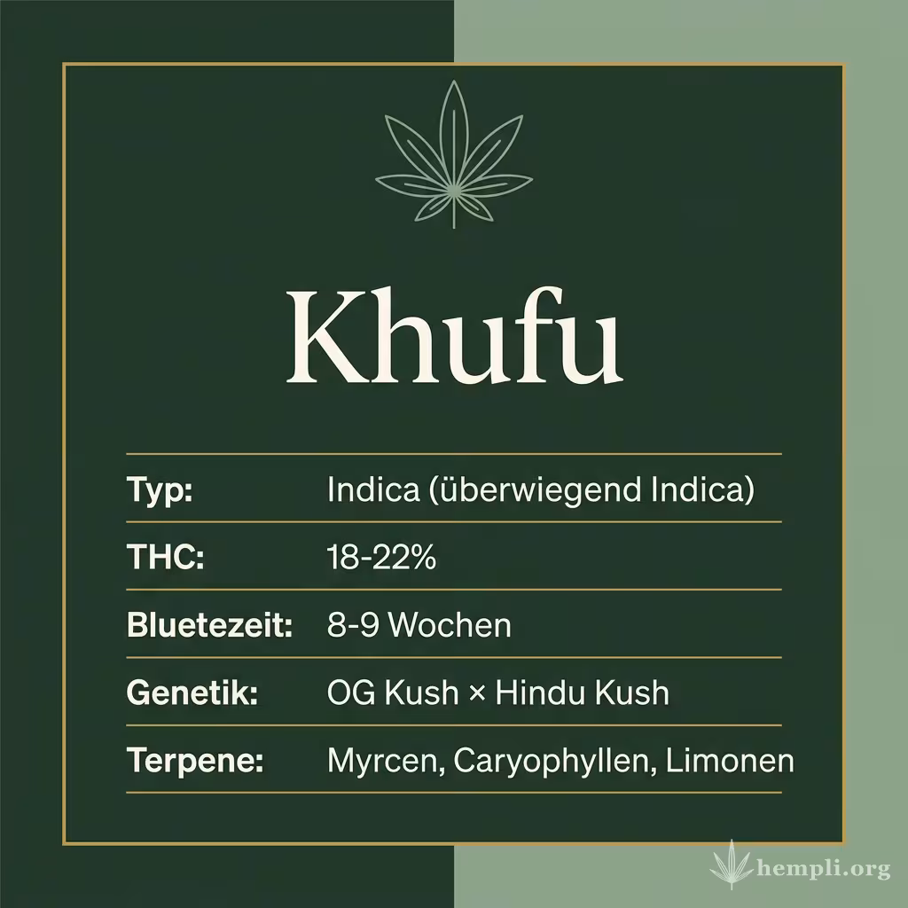 Infografik mit Khufu Key Facts: Typ Indica (überwiegend Indica), THC 18-22%, Bluetezeit 8-9 Wochen, Genetik OG Kush × Hindu Kush und Terpene Myrcen, Caryophyllen, Limonen