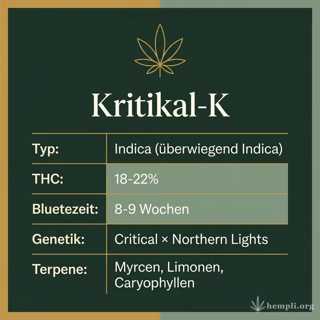 Infografik mit Kritikal-K Key Facts: Typ Indica (überwiegend Indica), THC 18-22%, Bluetezeit 8-9 Wochen, Genetik Critical × Northern Lights und Terpene Myrcen, Limonen, Caryophyllen