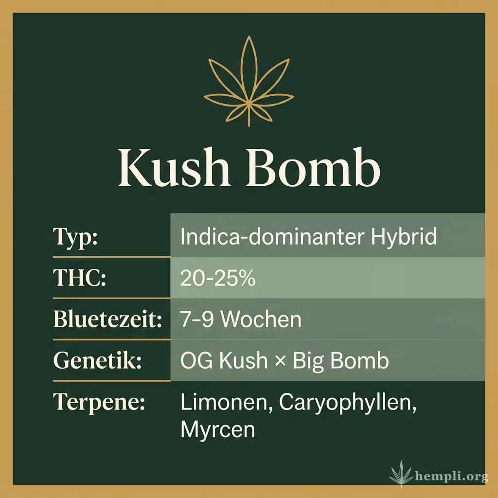 Infografik mit Kush Bomb Key Facts: Typ Indica-dominanter Hybrid, THC 20-25%, Bluetezeit 7-9 Wochen, Genetik OG Kush × Big Bomb und Terpene Limonen, Caryophyllen, Myrcen