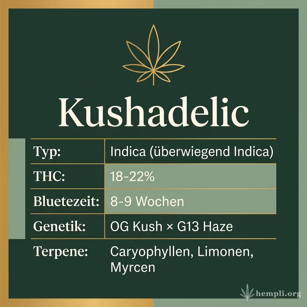 Infografik mit Kushadelic Key Facts: Typ Indica (überwiegend Indica), THC 18-22%, Bluetezeit 8-9 Wochen, Genetik OG Kush × G13 Haze und Terpene Caryophyllen, Limonen, Myrcen
