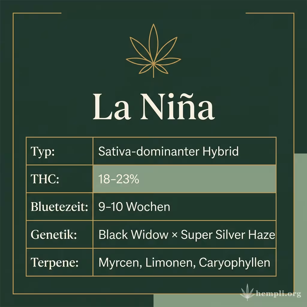 Infografik mit La Niña Key Facts: Typ Sativa-dominanter Hybrid, THC 18-23%, Bluetezeit 9-10 Wochen, Genetik Black Widow × Super Silver Haze und Terpene Myrcen, Limonen, Caryophyllen