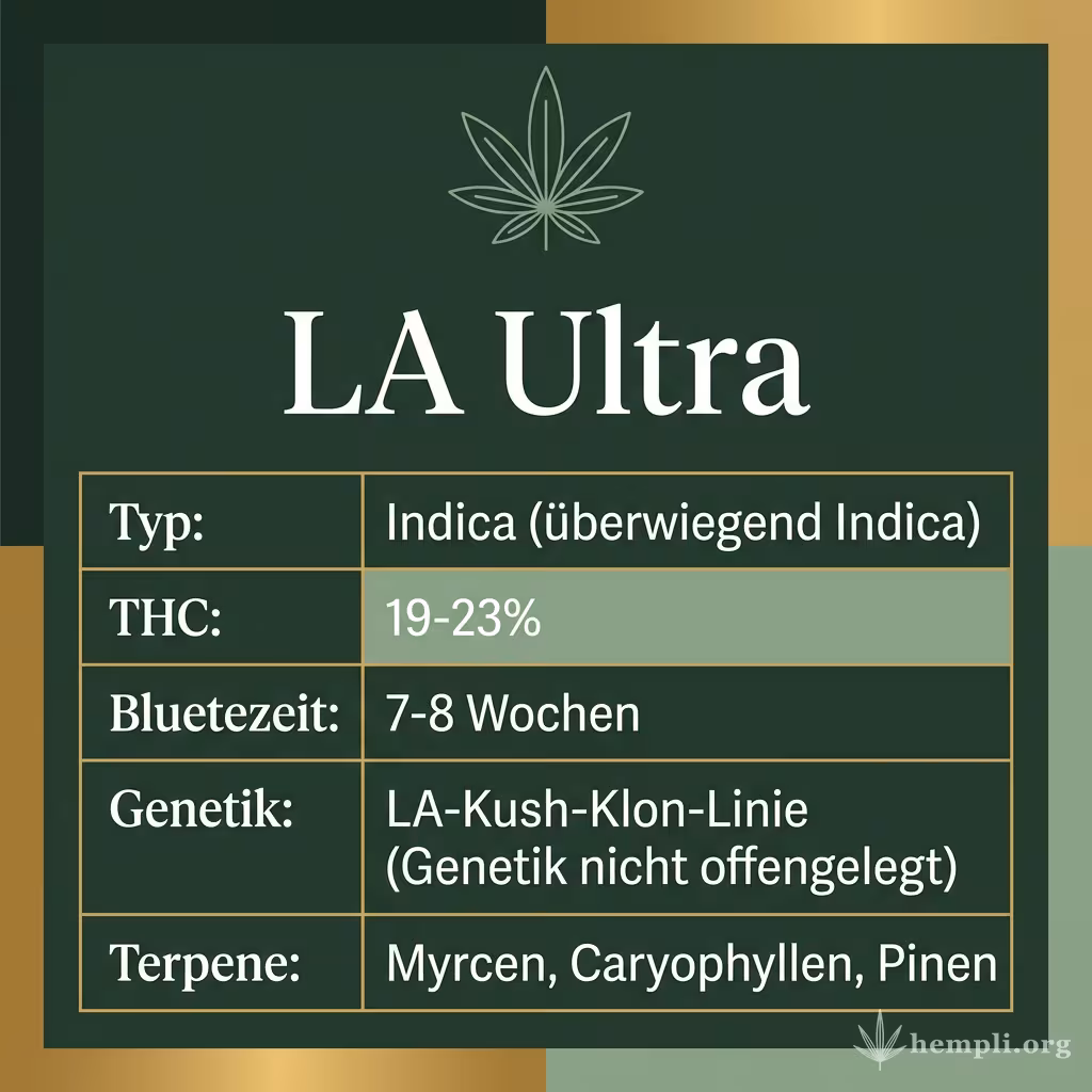 Infografik mit LA Ultra Key Facts: Typ Indica (überwiegend Indica), THC 19-23%, Bluetezeit 7-8 Wochen, Genetik LA-Kush-Klon-Linie (Genetik nicht offengelegt) und Terpene Myrcen, Caryophyllen, Pinen