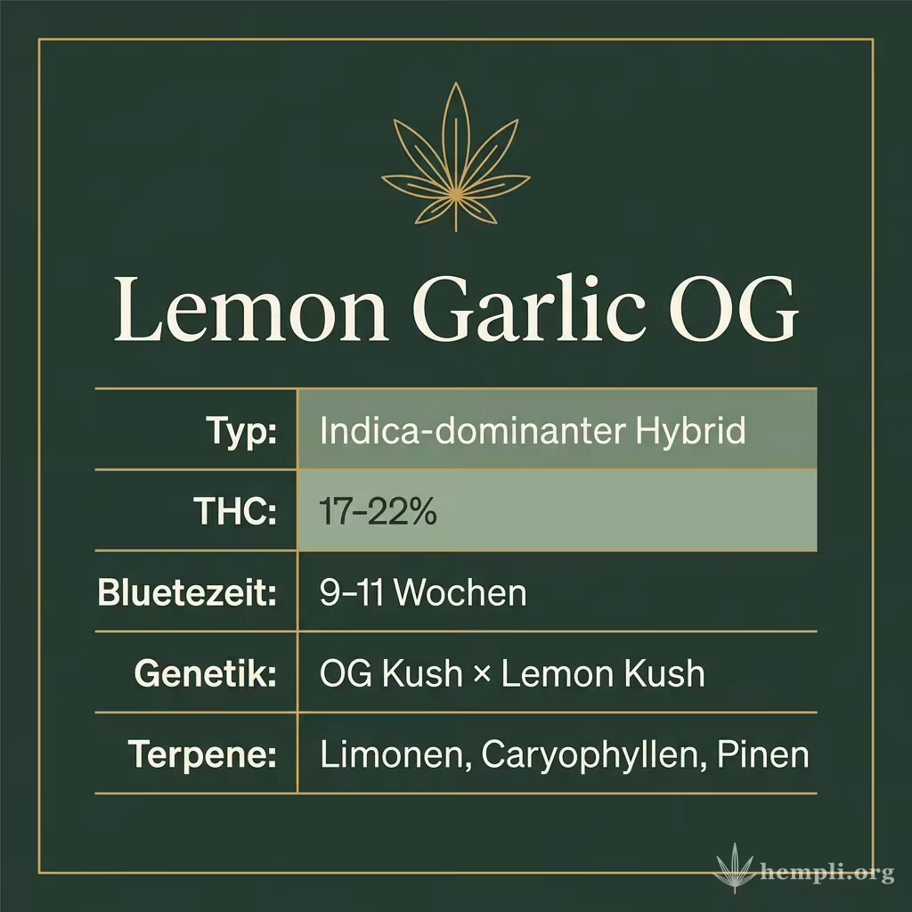 Infografik mit Lemon Garlic OG Key Facts: Typ Indica-dominanter Hybrid, THC 17-22%, Bluetezeit 9-11 Wochen, Genetik OG Kush × Lemon Kush und Terpene Limonen, Caryophyllen, Pinen
