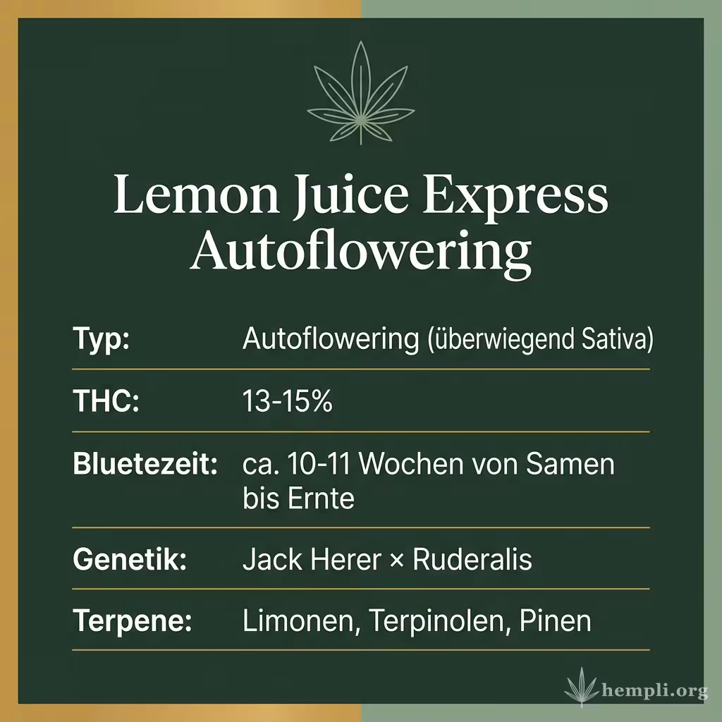 Infografik mit Lemon Juice Express Autoflowering Key Facts: Typ Autoflowering (überwiegend Sativa), THC 13-15%, Bluetezeit ca. 10-11 Wochen von Samen bis Ernte, Genetik Jack Herer × Ruderalis und Terpene Limonen, Terpinolen, Pinen