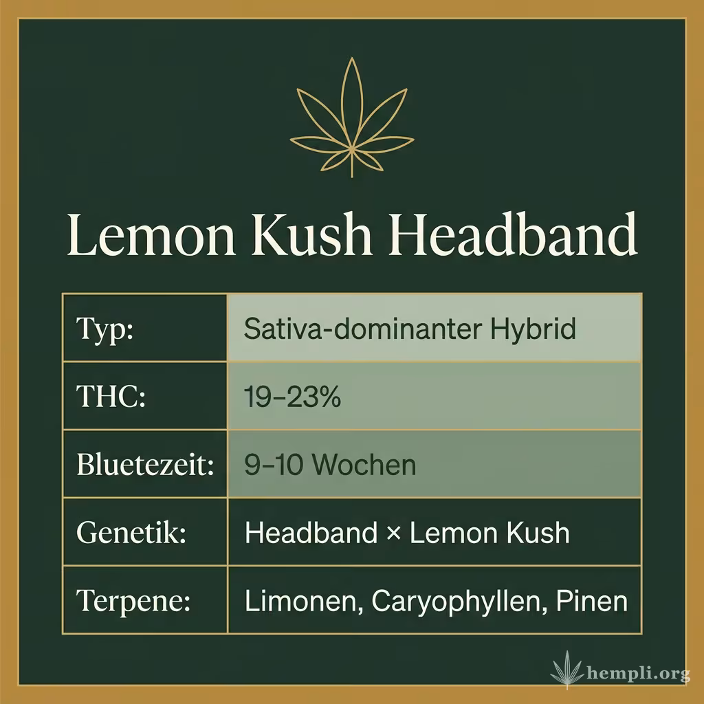 Infografik mit Lemon Kush Headband Key Facts: Typ Sativa-dominanter Hybrid, THC 19-23%, Bluetezeit 9-10 Wochen, Genetik Headband × Lemon Kush und Terpene Limonen, Caryophyllen, Pinen