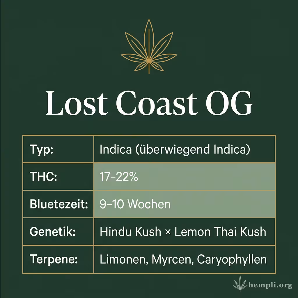 Infografik mit Lost Coast OG Key Facts: Typ Indica (überwiegend Indica), THC 17-22%, Bluetezeit 9-10 Wochen, Genetik Hindu Kush × Lemon Thai Kush und Terpene Limonen, Myrcen, Caryophyllen