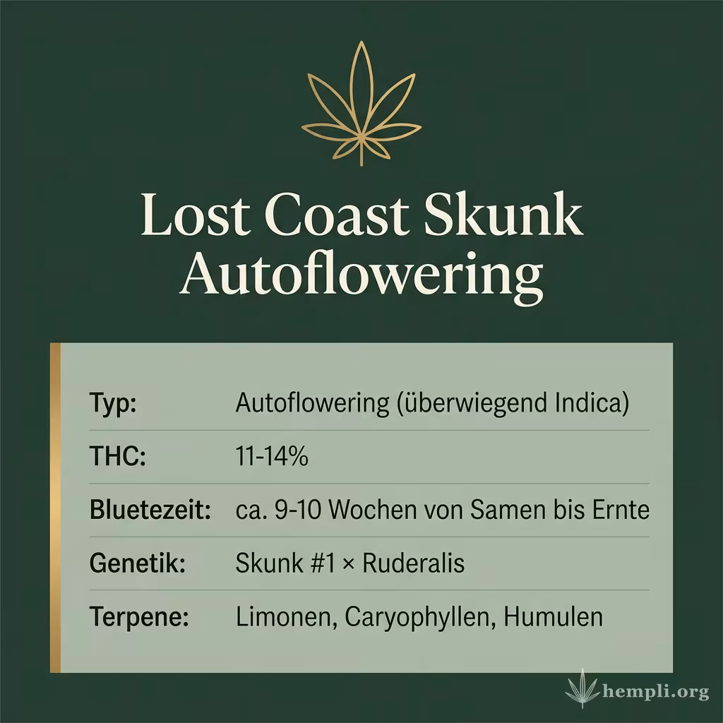 Infografik mit Lost Coast Skunk Autoflowering Key Facts: Typ Autoflowering (überwiegend Indica), THC 11-14%, Bluetezeit ca. 9-10 Wochen von Samen bis Ernte, Genetik Skunk #1 × Ruderalis und Terpene Limonen, Caryophyllen, Humulen