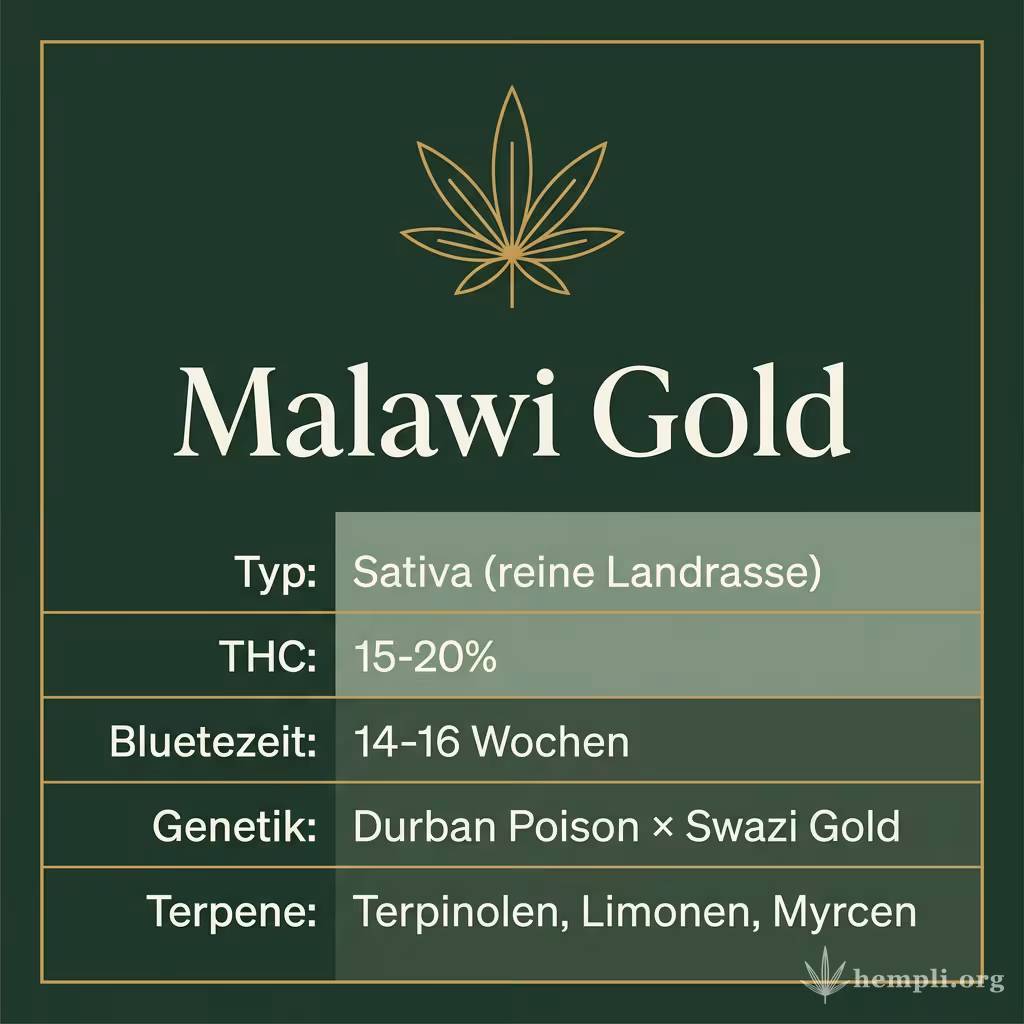 Infografik mit Malawi Gold Key Facts: Typ Sativa (reine Landrasse), THC 15-20%, Bluetezeit 14-16 Wochen, Genetik Durban Poison × Swazi Gold und Terpene Terpinolen, Limonen, Myrcen