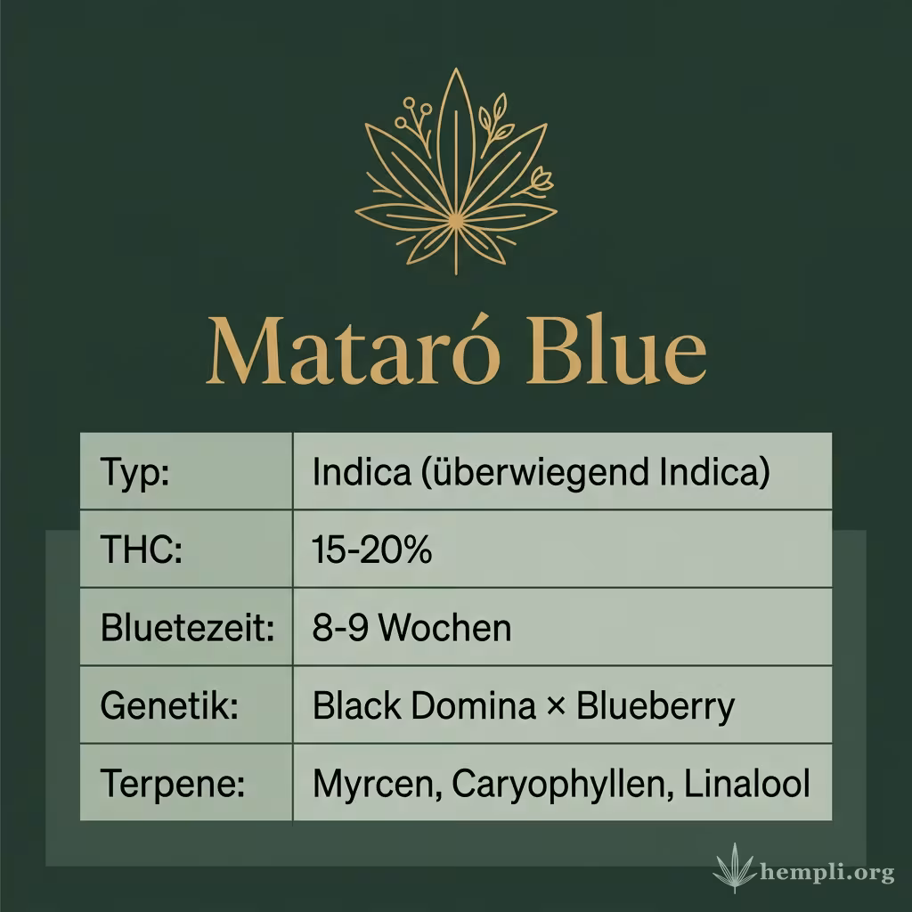 Infografik mit Mataró Blue Key Facts: Typ Indica (überwiegend Indica), THC 15-20%, Bluetezeit 8-9 Wochen, Genetik Black Domina × Blueberry und Terpene Myrcen, Caryophyllen, Linalool