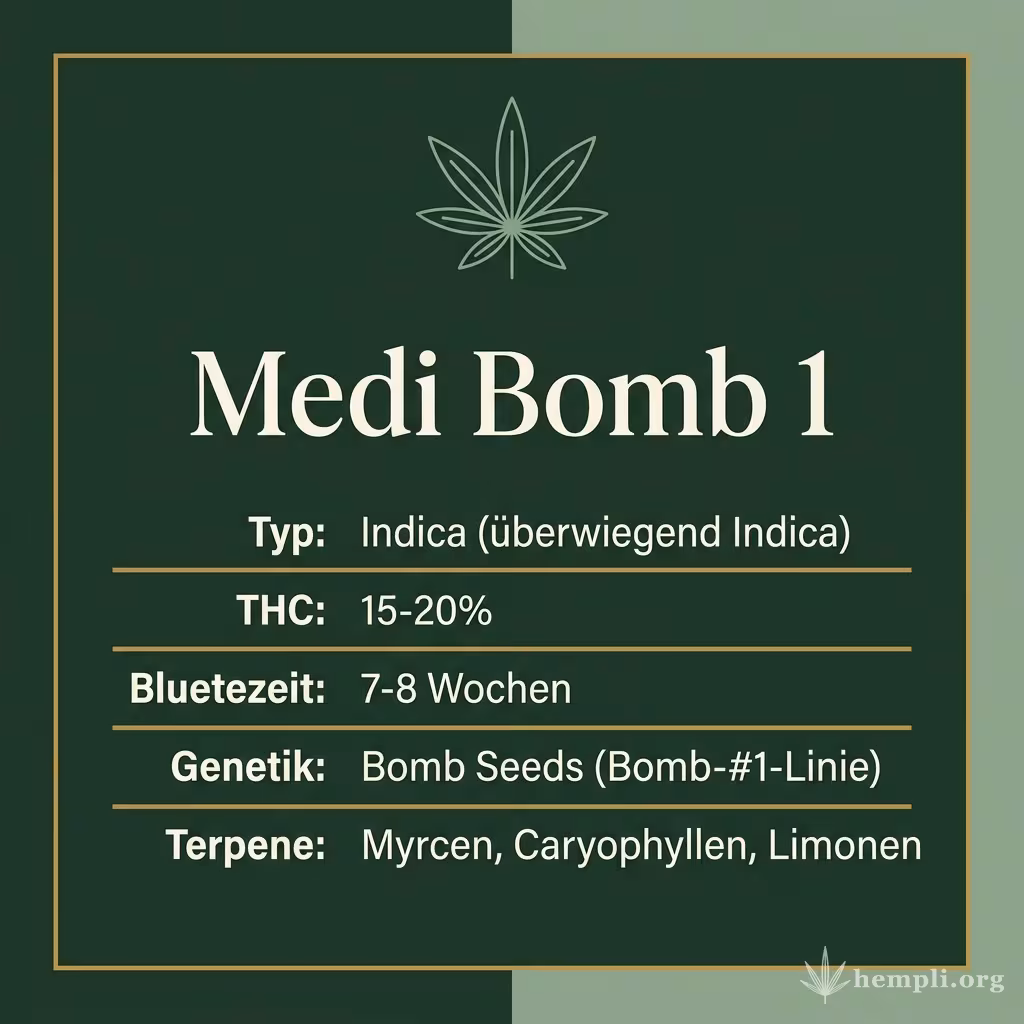 Infografik mit Medi Bomb 1 Key Facts: Typ Indica (überwiegend Indica), THC 15-20%, Bluetezeit 7-8 Wochen, Genetik Bomb Seeds (Bomb-#1-Linie) und Terpene Myrcen, Caryophyllen, Limonen