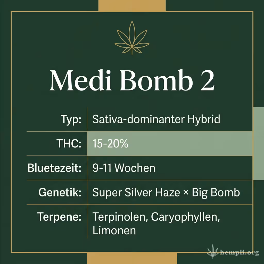 Infografik mit Medi Bomb 2 Key Facts: Typ Sativa-dominanter Hybrid, THC 15-20%, Bluetezeit 9-11 Wochen, Genetik Super Silver Haze × Big Bomb und Terpene Terpinolen, Caryophyllen, Limonen