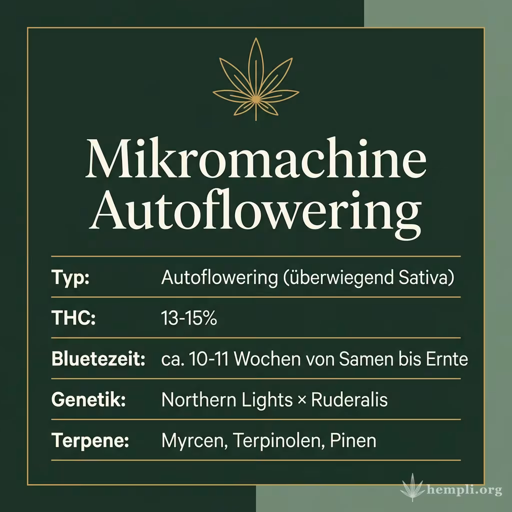 Infografik mit Mikromachine Autoflowering Key Facts: Typ Autoflowering (überwiegend Sativa), THC 13-15%, Bluetezeit ca. 10-11 Wochen von Samen bis Ernte, Genetik Northern Lights × Ruderalis und Terpene Myrcen, Terpinolen, Pinen
