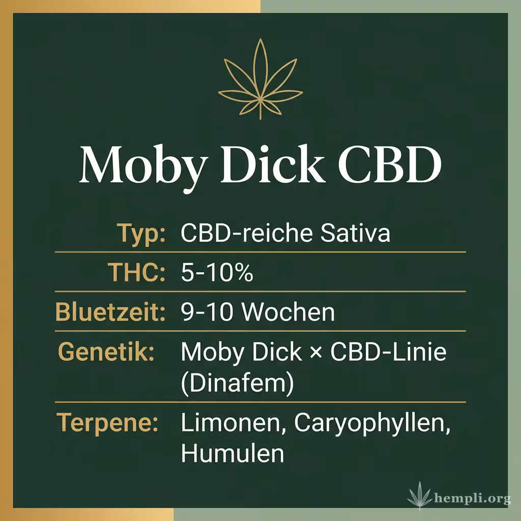 Infografik mit Moby Dick CBD Key Facts: Typ CBD-reiche Sativa, THC 5-10%, Bluetezeit 9-10 Wochen, Genetik Moby Dick × CBD-Linie (Dinafem) und Terpene Limonen, Caryophyllen, Humulen
