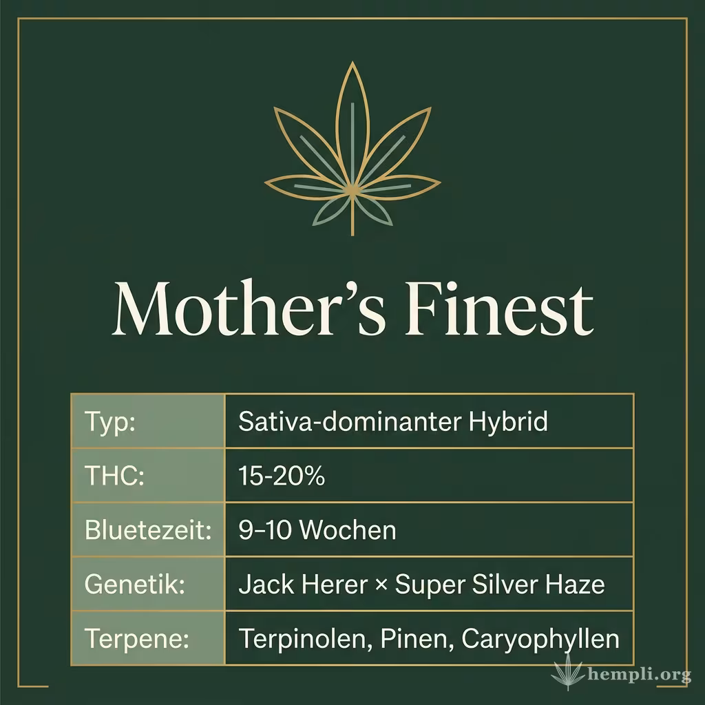 Infografik mit Mother's Finest Key Facts: Typ Sativa-dominanter Hybrid, THC 15-20%, Bluetezeit 9-10 Wochen, Genetik Jack Herer × Super Silver Haze und Terpene Terpinolen, Pinen, Caryophyllen