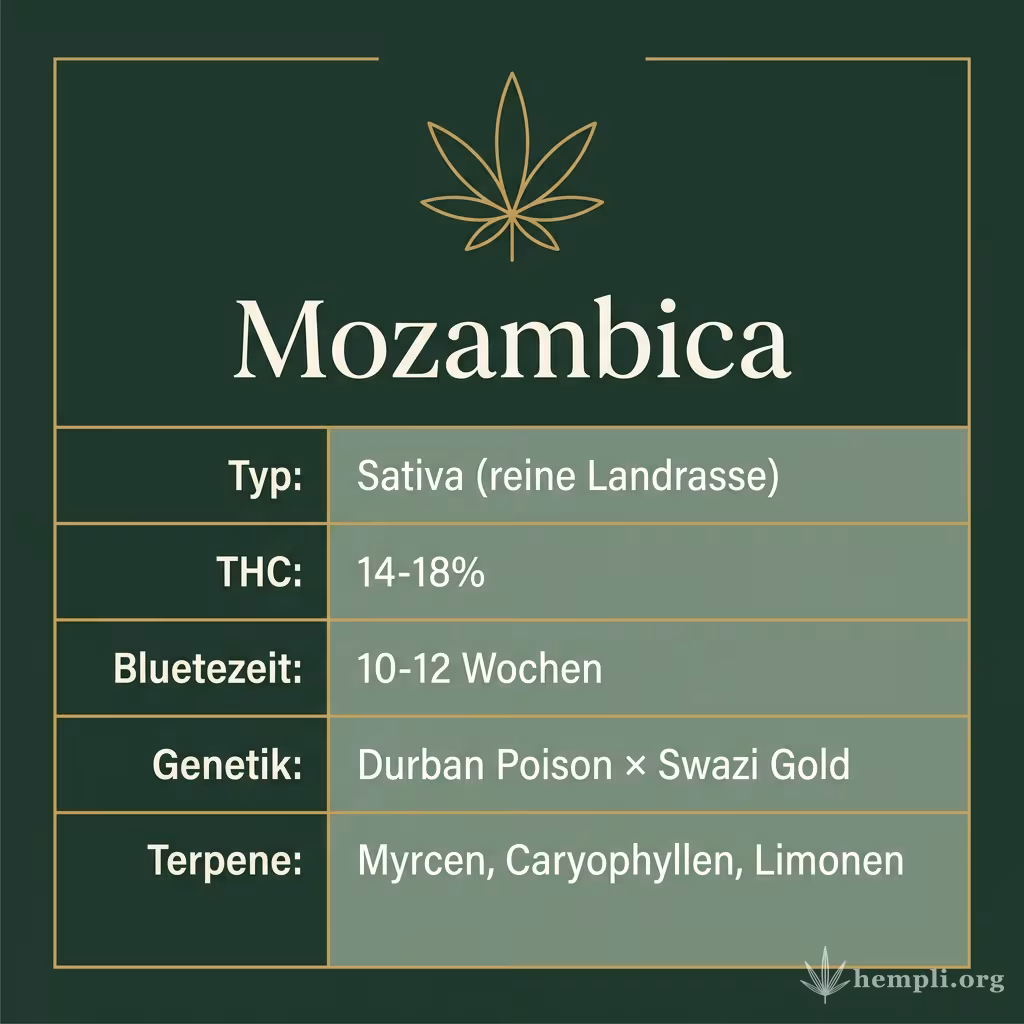 Infografik mit Mozambica Key Facts: Typ Sativa (reine Landrasse), THC 14-18%, Bluetezeit 10-12 Wochen, Genetik Durban Poison × Swazi Gold und Terpene Myrcen, Caryophyllen, Limonen