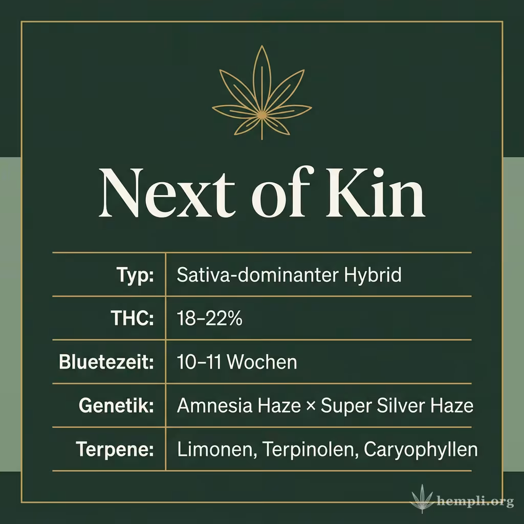 Infografik mit Next of Kin Key Facts: Typ Sativa-dominanter Hybrid, THC 18-22%, Bluetezeit 10-11 Wochen, Genetik Amnesia Haze × Super Silver Haze und Terpene Limonen, Terpinolen, Caryophyllen