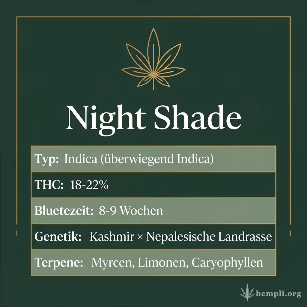 Infografik mit Night Shade Key Facts: Typ Indica (überwiegend Indica), THC 18-22%, Bluetezeit 8-9 Wochen, Genetik Kashmir × Nepalesische Landrasse und Terpene Myrcen, Limonen, Caryophyllen