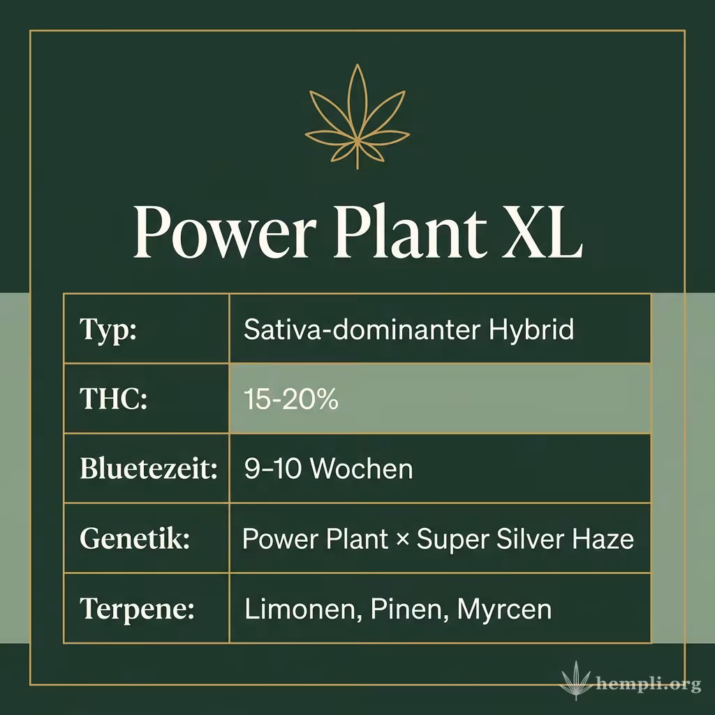 Infografik mit Power Plant XL Key Facts: Typ Sativa-dominanter Hybrid, THC 15-20%, Bluetezeit 9-10 Wochen, Genetik Power Plant × Super Silver Haze und Terpene Limonen, Pinen, Myrcen