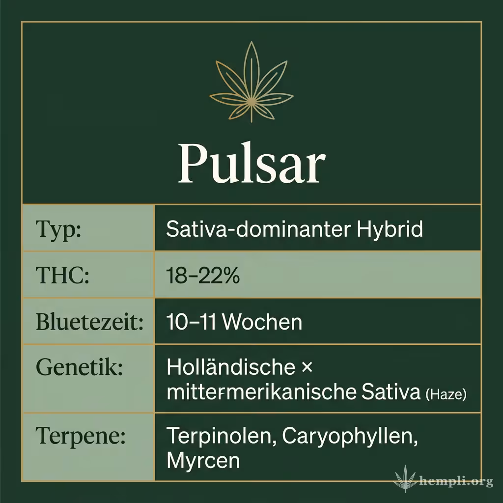 Infografik mit Pulsar Key Facts: Typ Sativa-dominanter Hybrid, THC 18-22%, Bluetezeit 10-11 Wochen, Genetik Holländische × mittelamerikanische Sativa (Haze) und Terpene Terpinolen, Caryophyllen, Myrcen
