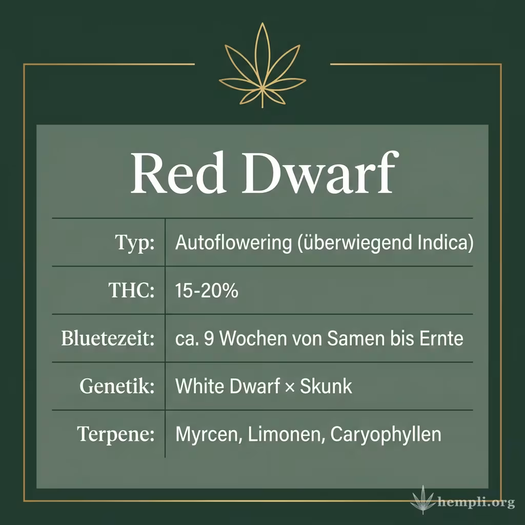 Infografik mit Red Dwarf Key Facts: Typ Autoflowering (überwiegend Indica), THC 15-20%, Bluetezeit ca. 9 Wochen von Samen bis Ernte, Genetik White Dwarf × Skunk und Terpene Myrcen, Limonen, Caryophyllen
