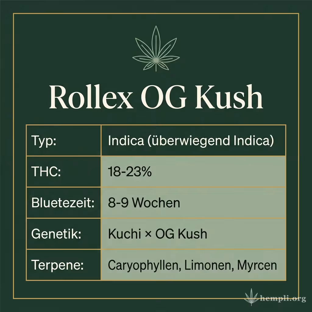 Infografik mit Rollex OG Kush Key Facts: Typ Indica (überwiegend Indica), THC 18-23%, Bluetezeit 8-9 Wochen, Genetik Kuchi × OG Kush und Terpene Caryophyllen, Limonen, Myrcen