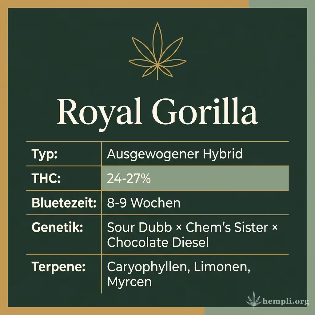 Infografik mit Royal Gorilla Key Facts: Typ Ausgewogener Hybrid, THC 24-27%, Bluetezeit 8-9 Wochen, Genetik Sour Dubb × Chem's Sister × Chocolate Diesel und Terpene Caryophyllen, Limonen, Myrcen