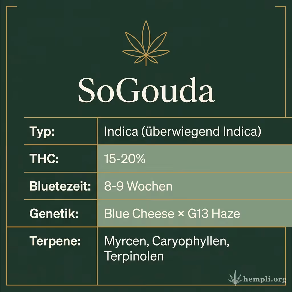 Infografik mit SoGouda Key Facts: Typ Indica (überwiegend Indica), THC 15-20%, Bluetezeit 8-9 Wochen, Genetik Blue Cheese × G13 Haze und Terpene Myrcen, Caryophyllen, Terpinolen
