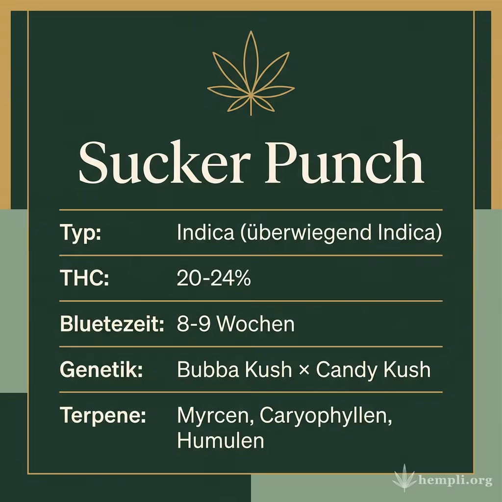 Infografik mit Sucker Punch Key Facts: Typ Indica (überwiegend Indica), THC 20-24%, Bluetezeit 8-9 Wochen, Genetik Bubba Kush × Candy Kush und Terpene Myrcen, Caryophyllen, Humulen