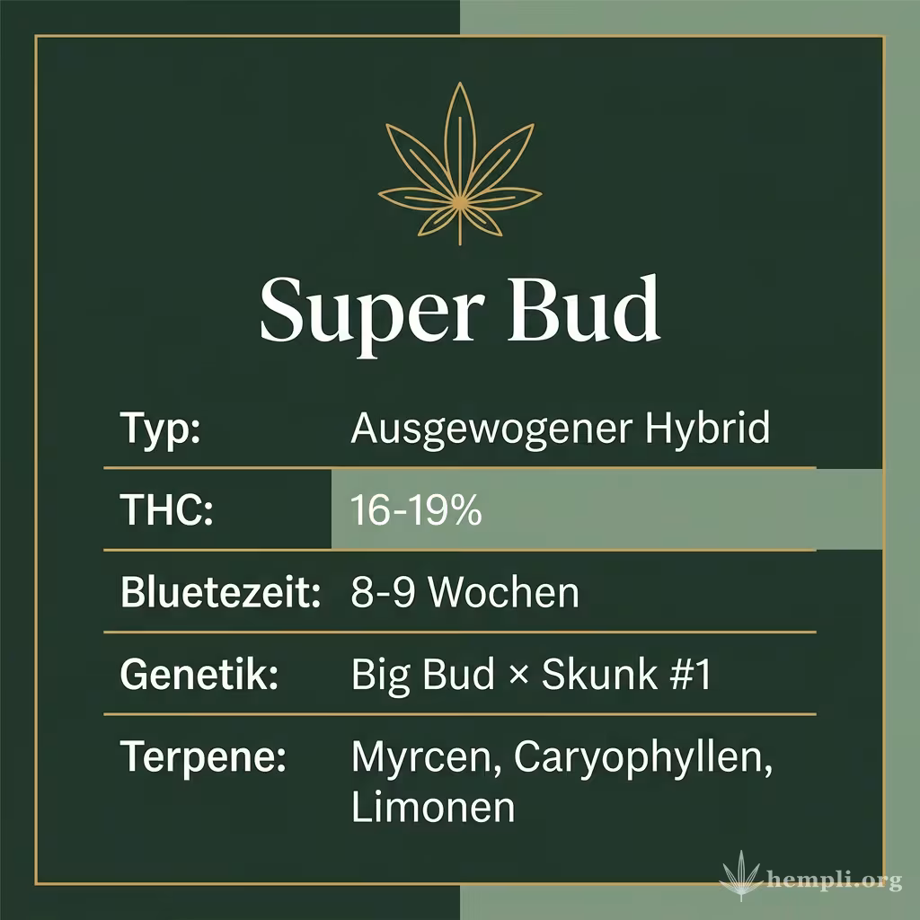 Infografik mit Super Bud Key Facts: Typ Ausgewogener Hybrid, THC 16-19%, Bluetezeit 8-9 Wochen, Genetik Big Bud × Skunk #1 und Terpene Myrcen, Caryophyllen, Limonen