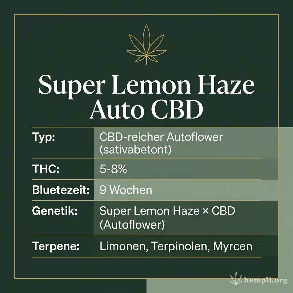 Infografik mit Super Lemon Haze Auto CBD Key Facts: Typ CBD-reicher Autoflower (sativabetont), THC 5-8%, Bluetezeit 9 Wochen, Genetik Super Lemon Haze × CBD (Autoflower) und Terpene Limonen, Terpinolen, Myrcen