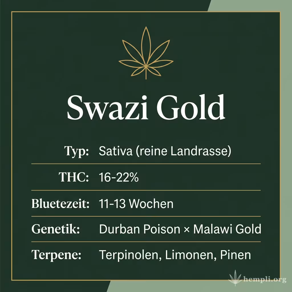 Infografik mit Swazi Gold Key Facts: Typ Sativa (reine Landrasse), THC 16-22%, Bluetezeit 11-13 Wochen, Genetik Durban Poison × Malawi Gold und Terpene Terpinolen, Limonen, Pinen
