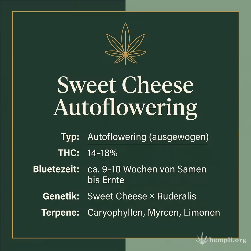 Infografik mit Sweet Cheese Autoflowering Key Facts: Typ Autoflowering (ausgewogen), THC 14-18%, Bluetezeit ca. 9-10 Wochen von Samen bis Ernte, Genetik Sweet Cheese × Ruderalis und Terpene Caryophyllen, Myrcen, Limonen