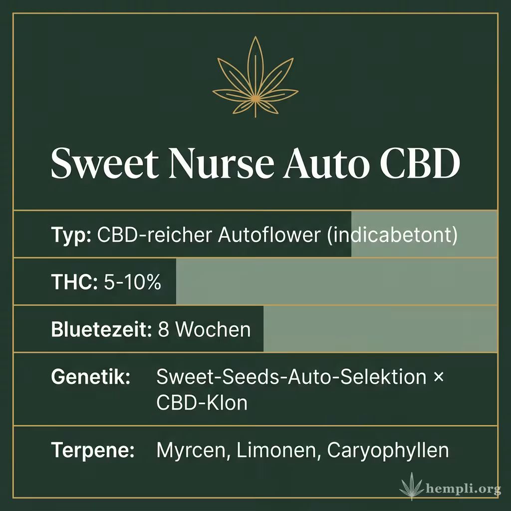Infografik mit Sweet Nurse Auto CBD Key Facts: Typ CBD-reicher Autoflower (indicabetont), THC 5-10%, Bluetezeit 8 Wochen, Genetik Sweet-Seeds-Auto-Selektion × CBD-Klon und Terpene Myrcen, Limonen, Caryophyllen