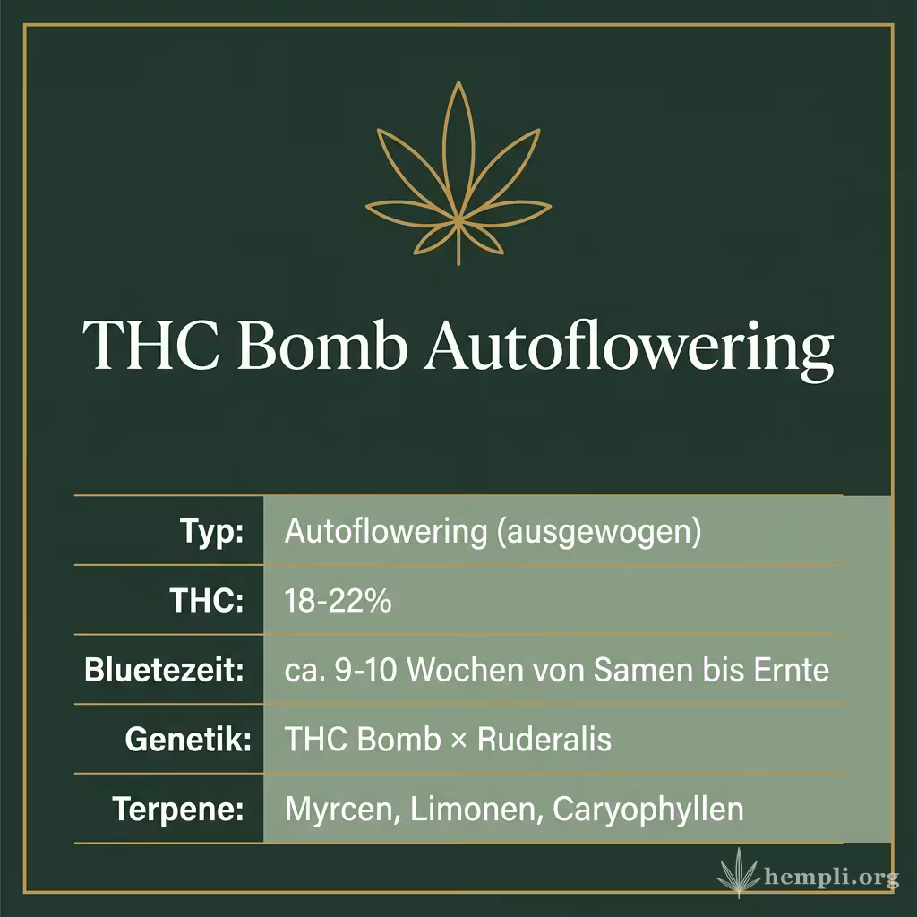 Infografik mit THC Bomb Autoflowering Key Facts: Typ Autoflowering (ausgewogen), THC 18-22%, Bluetezeit ca. 9-10 Wochen von Samen bis Ernte, Genetik THC Bomb × Ruderalis und Terpene Myrcen, Limonen, Caryophyllen